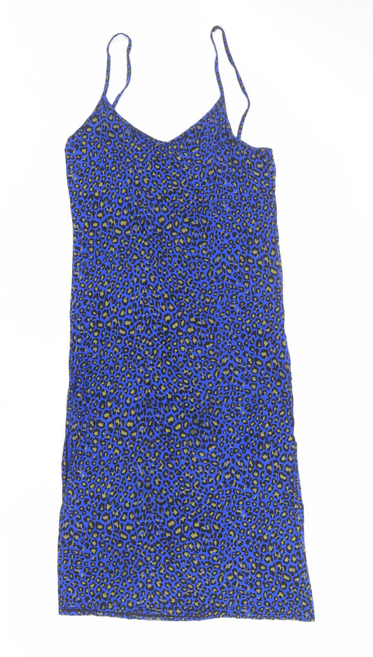 PRETTYLITTLETHING Womens Blue Animal Print Polyester Slip Dress Size 10 V-Neck Pullover - Leopard pattern