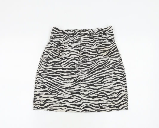 Zara Womens White Animal Print Cotton A-Line Skirt Size S Zip - Zebra pattern