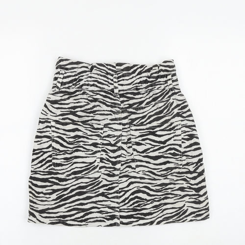 Zara Womens White Animal Print Cotton A-Line Skirt Size S Zip - Zebra pattern