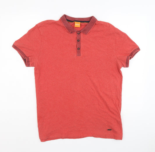 HUGO BOSS Mens Red Cotton Polo Size L Collared Button