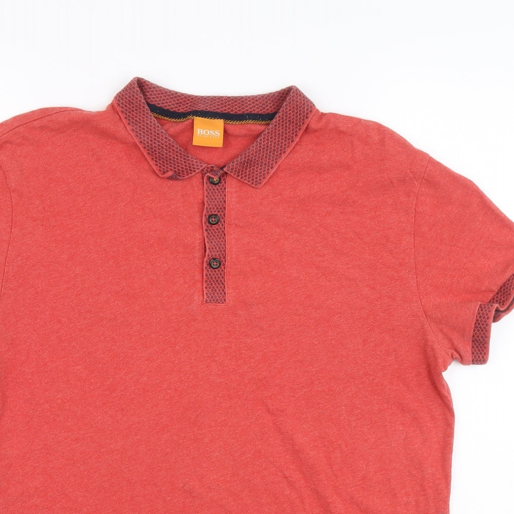 HUGO BOSS Mens Red Cotton Polo Size L Collared Button