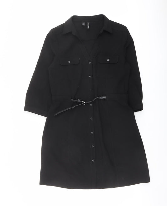 Mango Womens Black Polyester Shirt Dress Size L Collared Button
