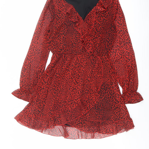 H&M Womens Red Animal Print Polyester Skater Dress Size 10 V-Neck Pullover - Leopard pattern