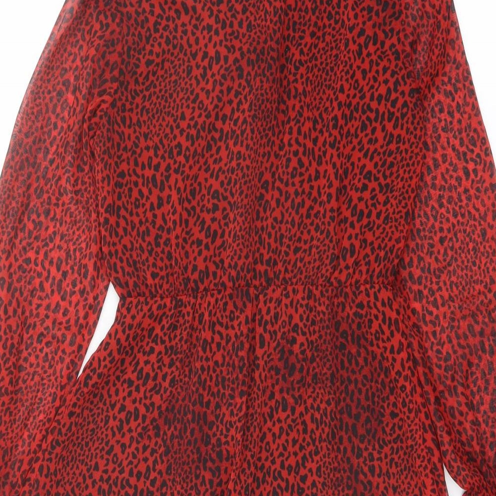 H&M Womens Red Animal Print Polyester Skater Dress Size 10 V-Neck Pullover - Leopard pattern
