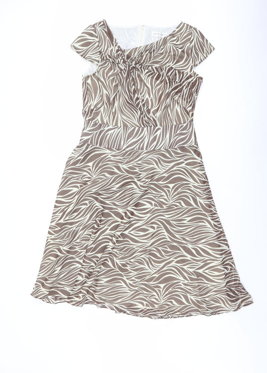 Artigiano Womens Beige Animal Print Polyester Fit & Flare Size 12 V-Neck Zip - Front Detail