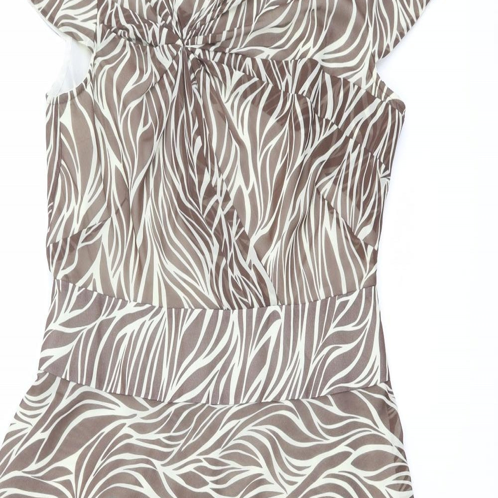 Artigiano Womens Beige Animal Print Polyester Fit & Flare Size 12 V-Neck Zip - Front Detail