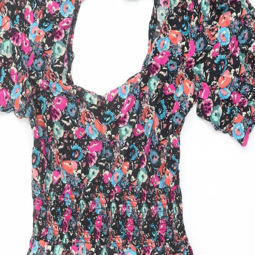 NEXT Womens Multicoloured Floral Viscose A-Line Size 14 Square Neck Pullover - Shirred Waist