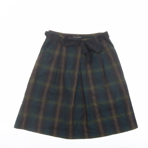 Laura Ashley Womens Green Plaid Cotton A-Line Skirt Size 8 Zip - Belt included