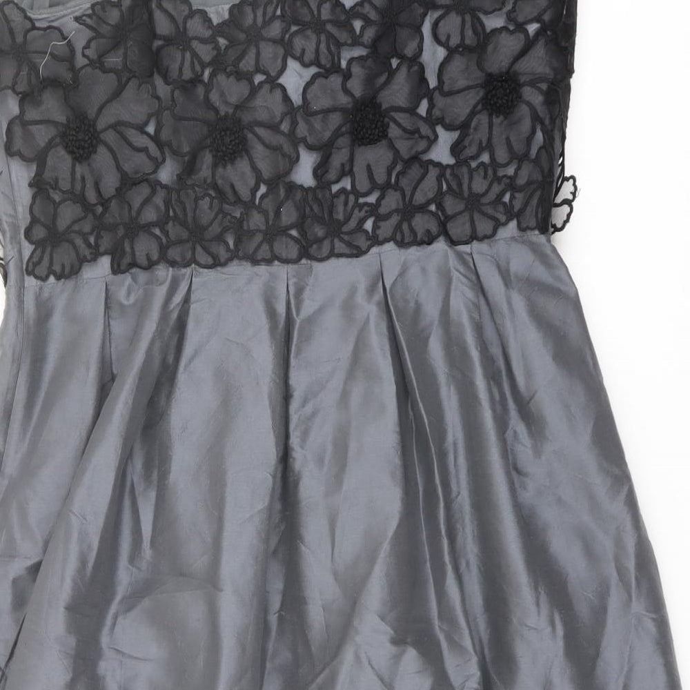 Kaliko Womens Grey Silk Tank Dress Size 16 Square Neck Zip - Flower Detail