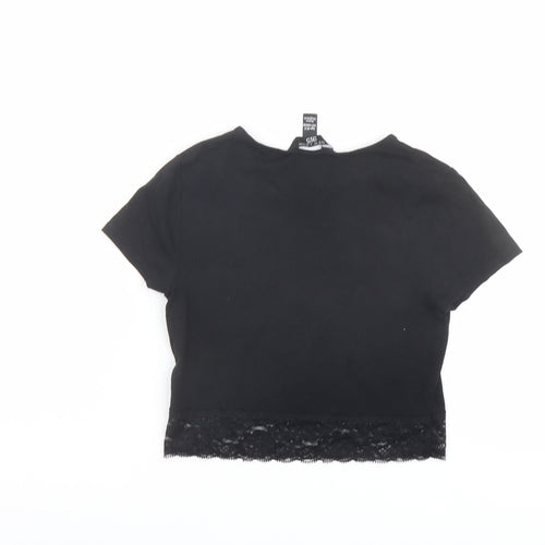 New Look Girls Black Cotton Basic T-Shirt Size 10-11 Years Round Neck Pullover - Lace Trim