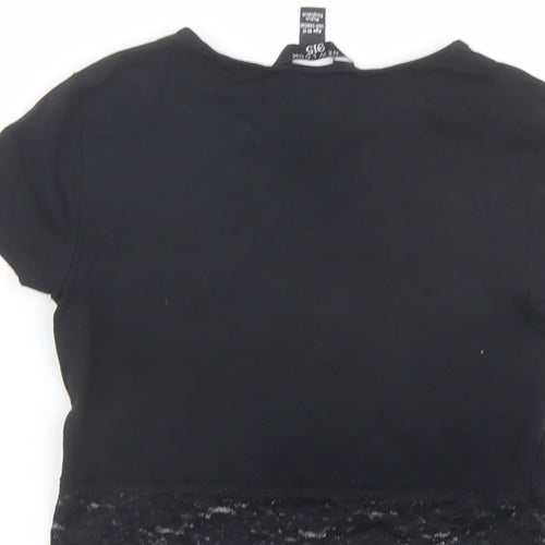 New Look Girls Black Cotton Basic T-Shirt Size 10-11 Years Round Neck Pullover - Lace Trim