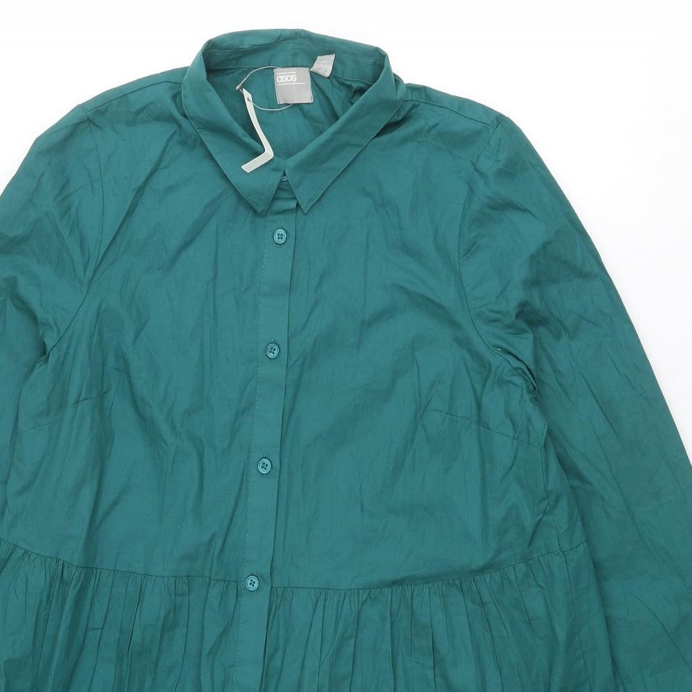 ASOS Womens Green Cotton Shirt Dress Size 12 Collared Button
