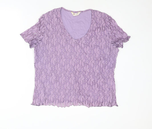 Bonmarché Womens Purple Geometric Nylon Basic T-Shirt Size L V-Neck