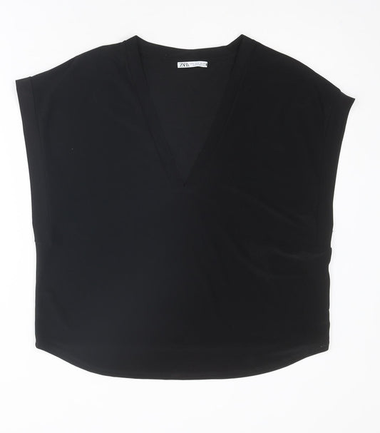 Zara Womens Black Polyester Basic T-Shirt Size S V-Neck