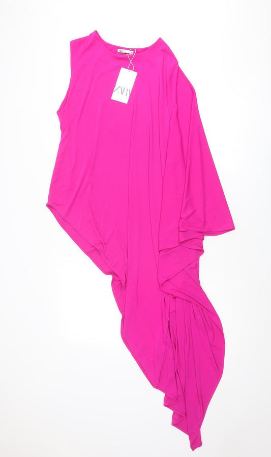 Zara Womens Pink Polyester Basic Blouse Size L Round Neck - Asymmetric