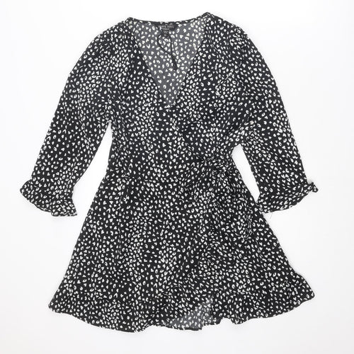 Brave Soul Womens Black Animal Print Polyester Wrap Dress Size XS V-Neck Button