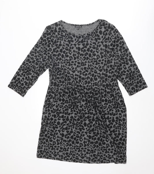 Warehouse Womens Black Animal Print Polyester Shift Size 14 Boat Neck Pullover - Leopard Print