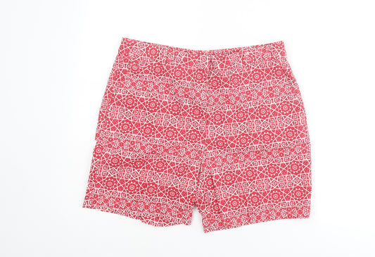 Marks and Spencer Womens Red Geometric Cotton Basic Shorts Size 12 L6 in Regular Zip