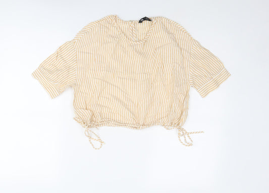 Zara Womens Yellow Striped Viscose Basic T-Shirt Size XS Round Neck