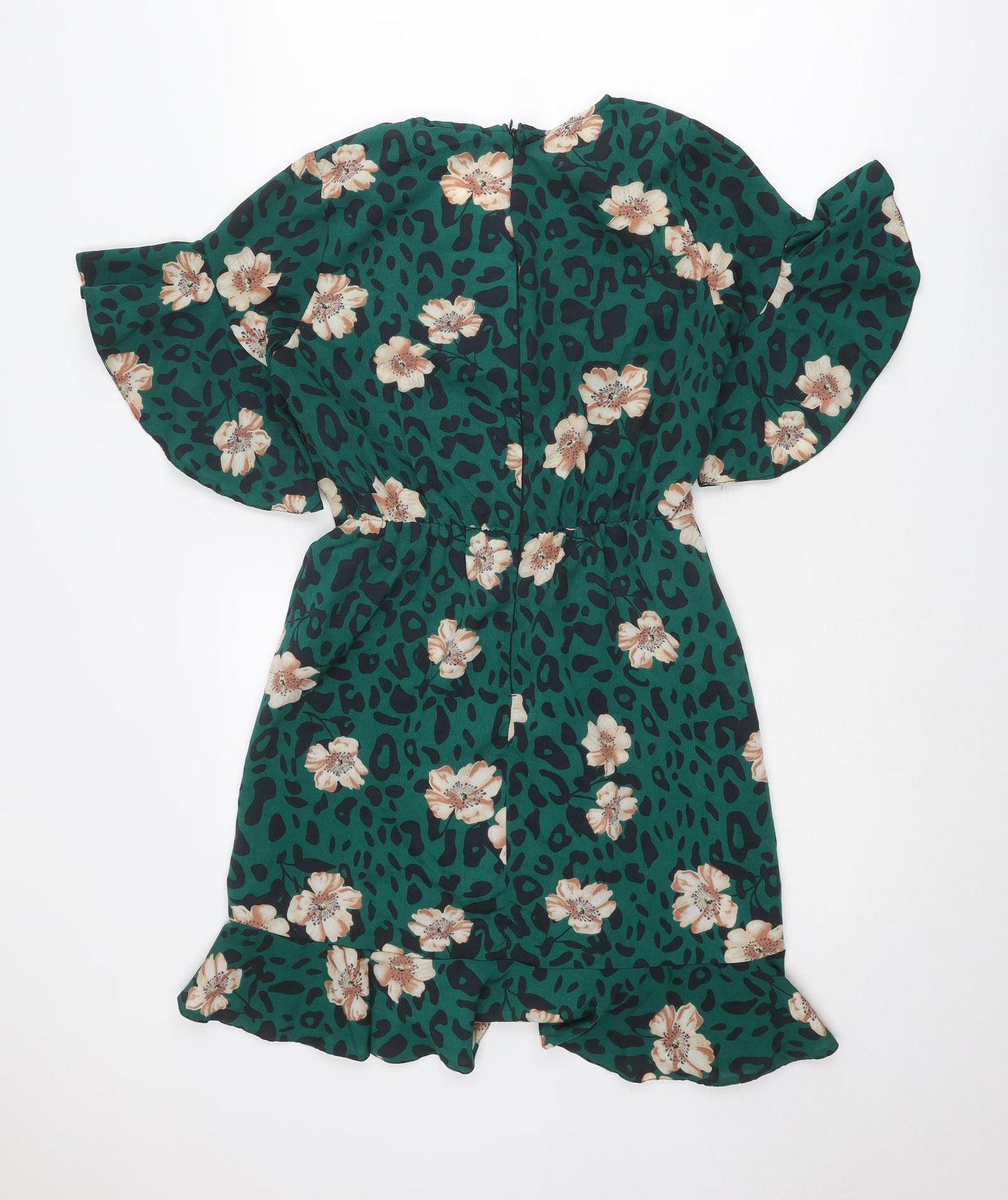 AX Paris Womens Green Animal Print Polyester A-Line Size 10 V-Neck Zip - Leopard Print, Floral