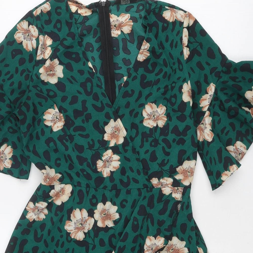 AX Paris Womens Green Animal Print Polyester A-Line Size 10 V-Neck Zip - Leopard Print, Floral