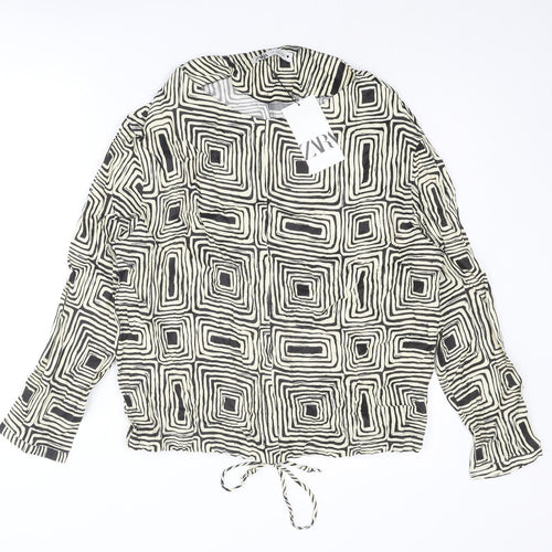 Zara Womens Ivory Geometric Polyester Basic Blouse Size S Collared