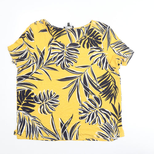 Debenhams Womens Yellow Geometric Viscose Basic T-Shirt Size 16 Round Neck - Leaves Print