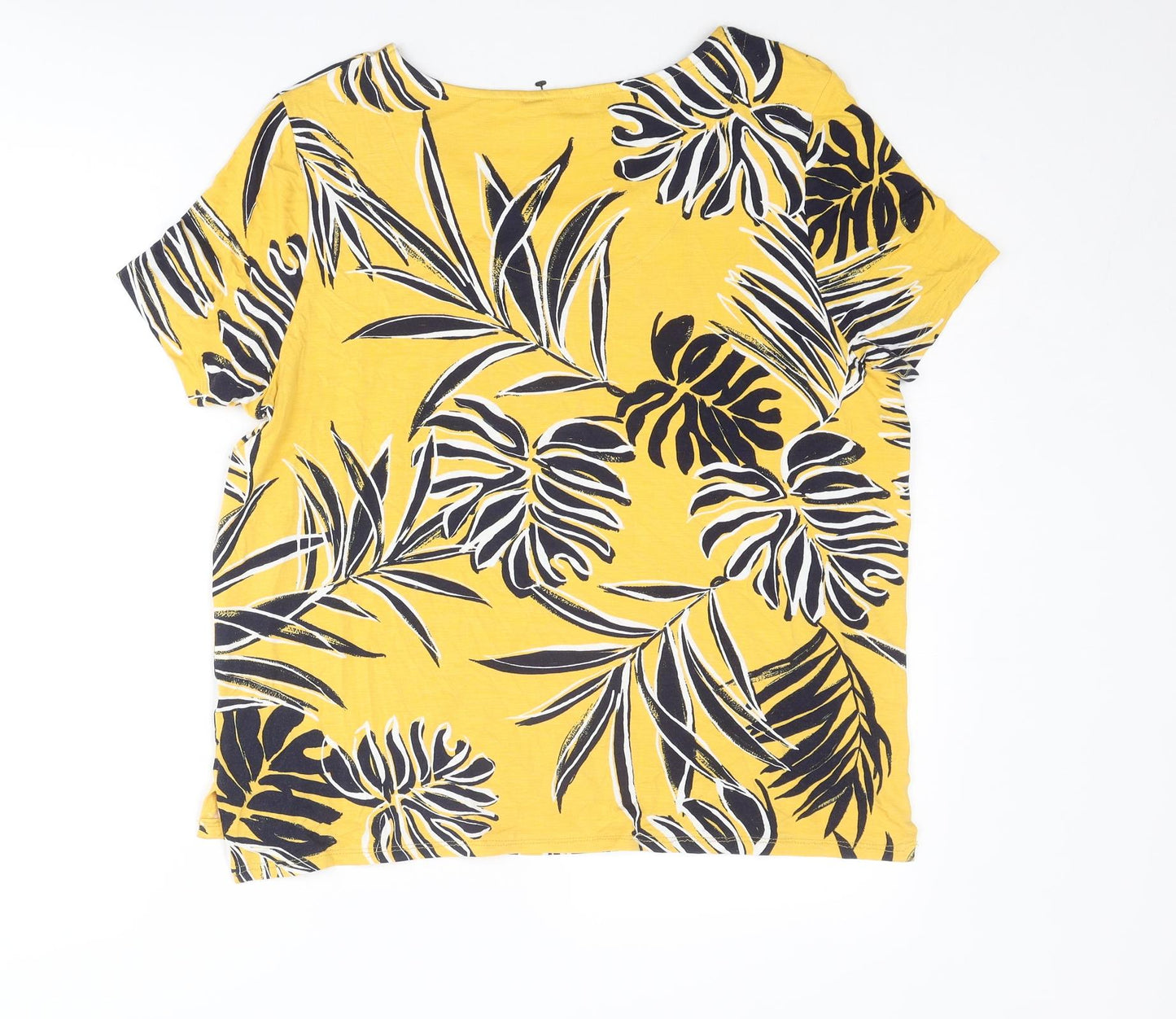 Debenhams Womens Yellow Geometric Viscose Basic T-Shirt Size 16 Round Neck - Leaves Print