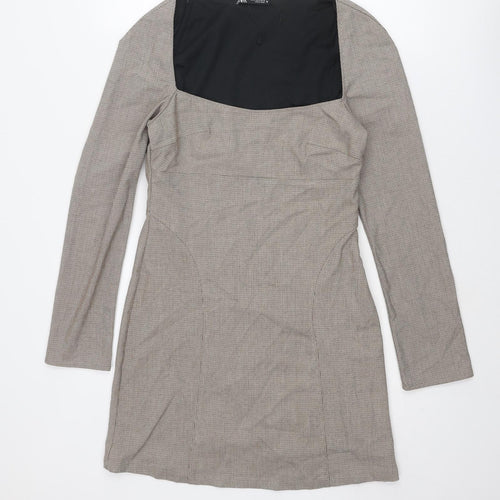 Zara Womens Beige Geometric Polyester Shift Size M Square Neck Zip