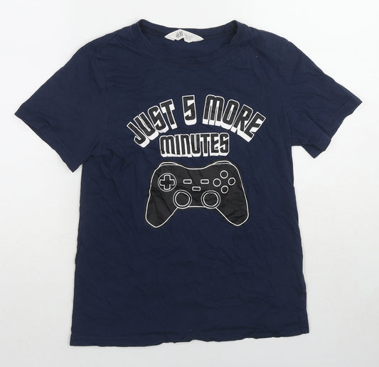 H&M Boys Blue Cotton Basic T-Shirt Size 11-12 Years Round Neck Pullover - 5 More Minutes Gamer