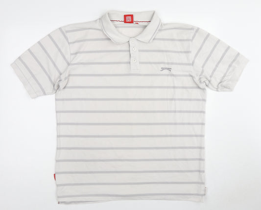 Slazenger Mens Ivory Striped Cotton Polo Size 2XL Collared Pullover