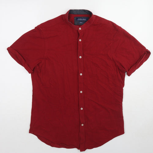 Zara Mens Red Cotton Button-Up Size M Round Neck Button