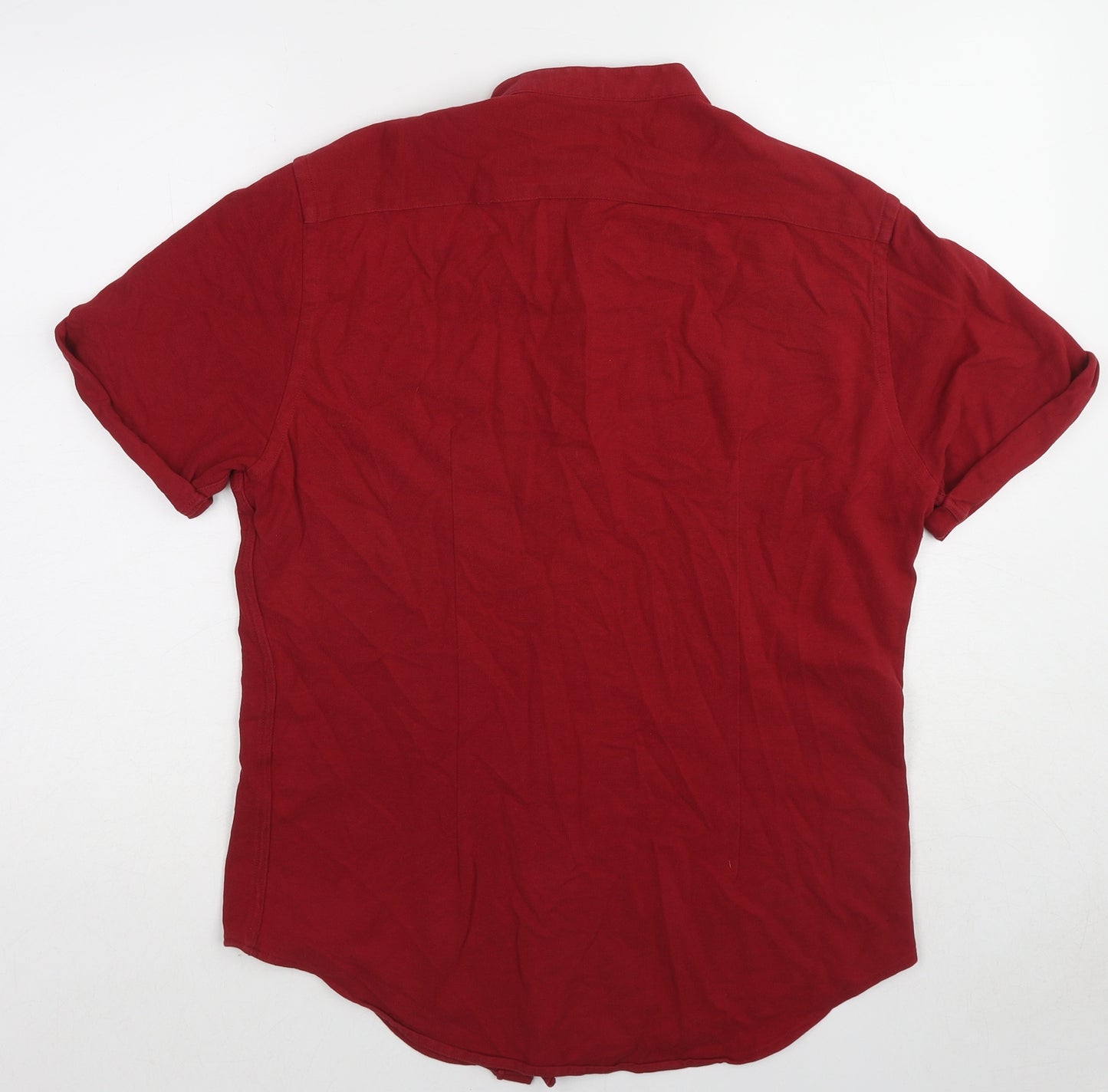 Zara Mens Red Cotton Button-Up Size M Round Neck Button