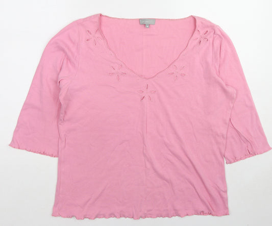 Per Una Womens Pink Cotton Basic T-Shirt Size 18 V-Neck - Broderie Anglaise Details
