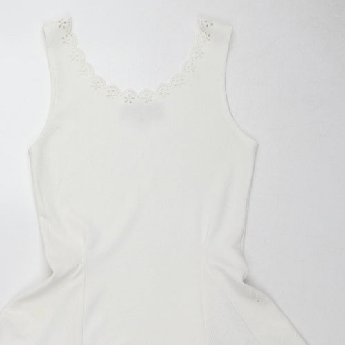 PARISIAN SIGNATURE Womens White Polyester Skater Dress Size 10 Boat Neck Pullover - Laser Cut Out Details