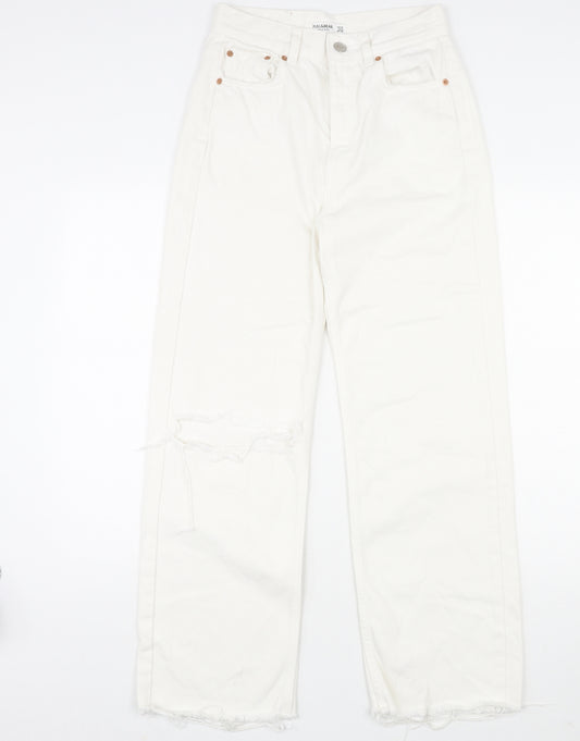 Pull&Bear Womens White Cotton Bootcut Jeans Size 8 L29 in Regular Zip - Raw Hem