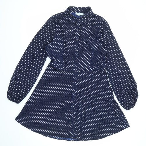 Blue Vanilla Womens Blue Polka Dot Polyester Shirt Dress Size 12 Collared Button