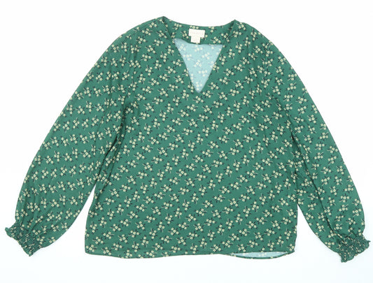 Mauvette Womens Green Floral Polyester Basic Blouse Size 14 V-Neck