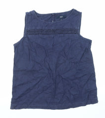 NEXT Womens Blue Linen Basic Blouse Size 12 Boat Neck - Crochet Detail