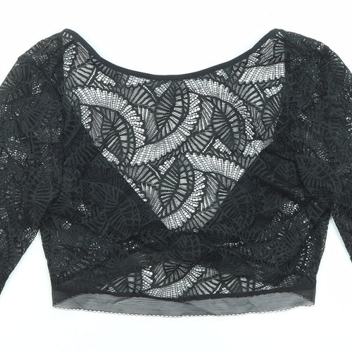 Marks and Spencer Womens Black Geometric Polyamide Cropped Blouse Size 14 V-Neck