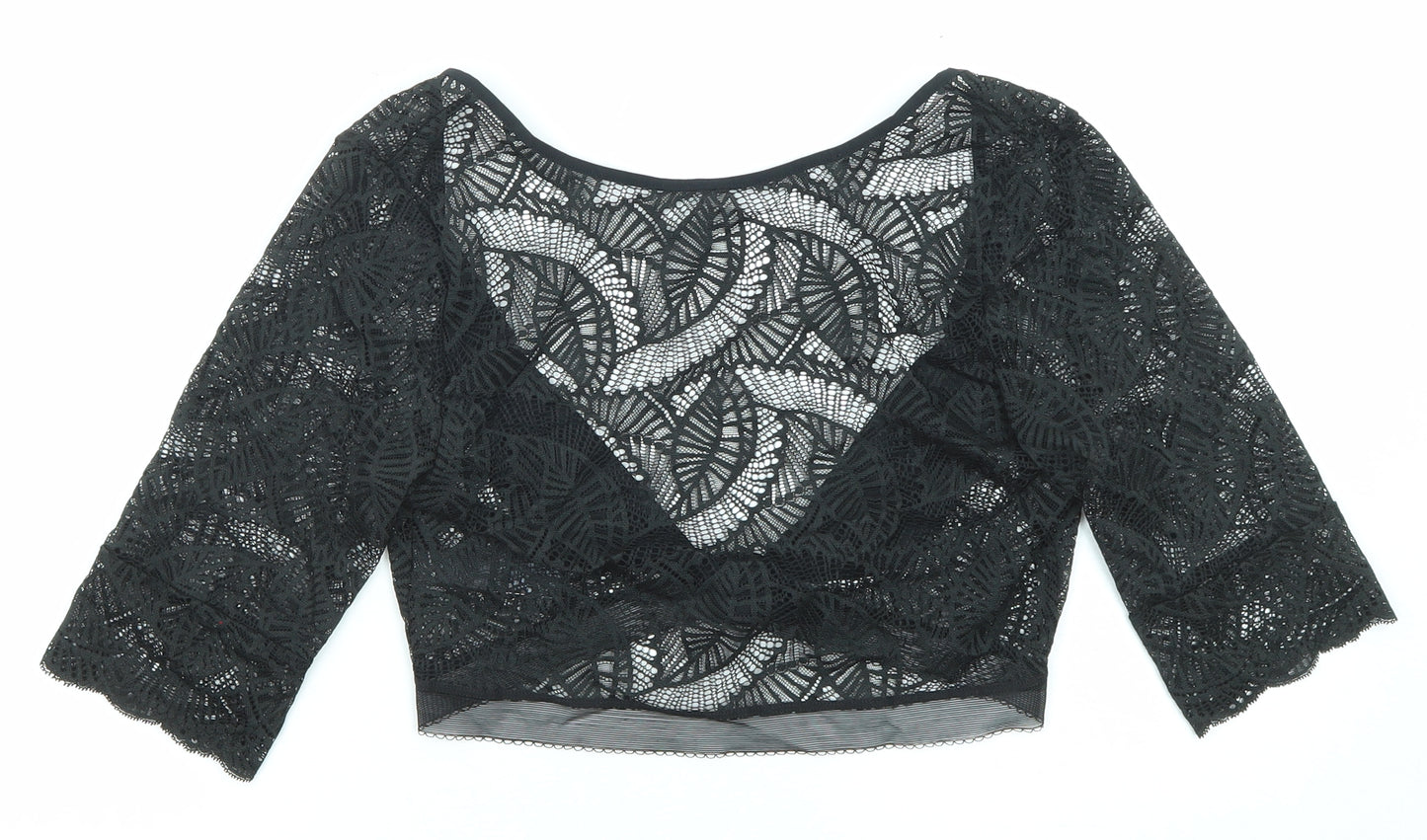 Marks and Spencer Womens Black Geometric Polyamide Cropped Blouse Size 14 V-Neck