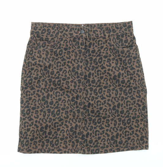 M&Co Womens Brown Animal Print Cotton A-Line Skirt Size 10 Zip - Leopard pattern