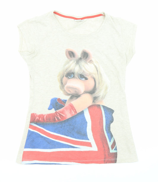 Disney Womens Beige Cotton Basic T-Shirt Size 14 Round Neck - Miss Piggy