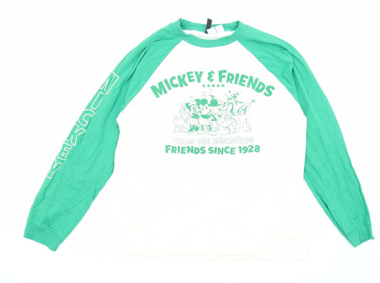 Divided by H&M Womens Green Cotton Basic T-Shirt Size S Round Neck - Mickey and Friends