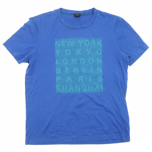 HUGO BOSS Mens Blue Cotton T-Shirt Size L Round Neck - New York Tokyo London Berlin Paris Shanghai