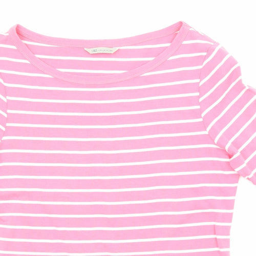 Marks and Spencer Womens Pink Striped Cotton Basic Blouse Size 14 Round Neck