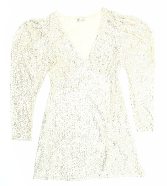 Zara Womens Beige Polyester Mini Size L V-Neck Pullover