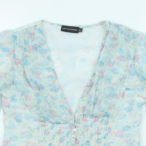 PRETTYLITTLETHING Womens Multicoloured Floral Polyester Basic Blouse Size 4 V-Neck