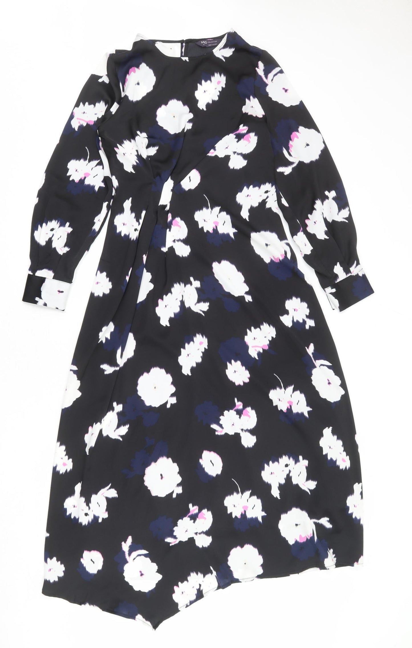 Marks and Spencer Womens Black Floral Polyester A-Line Size 8 V-Neck Zip