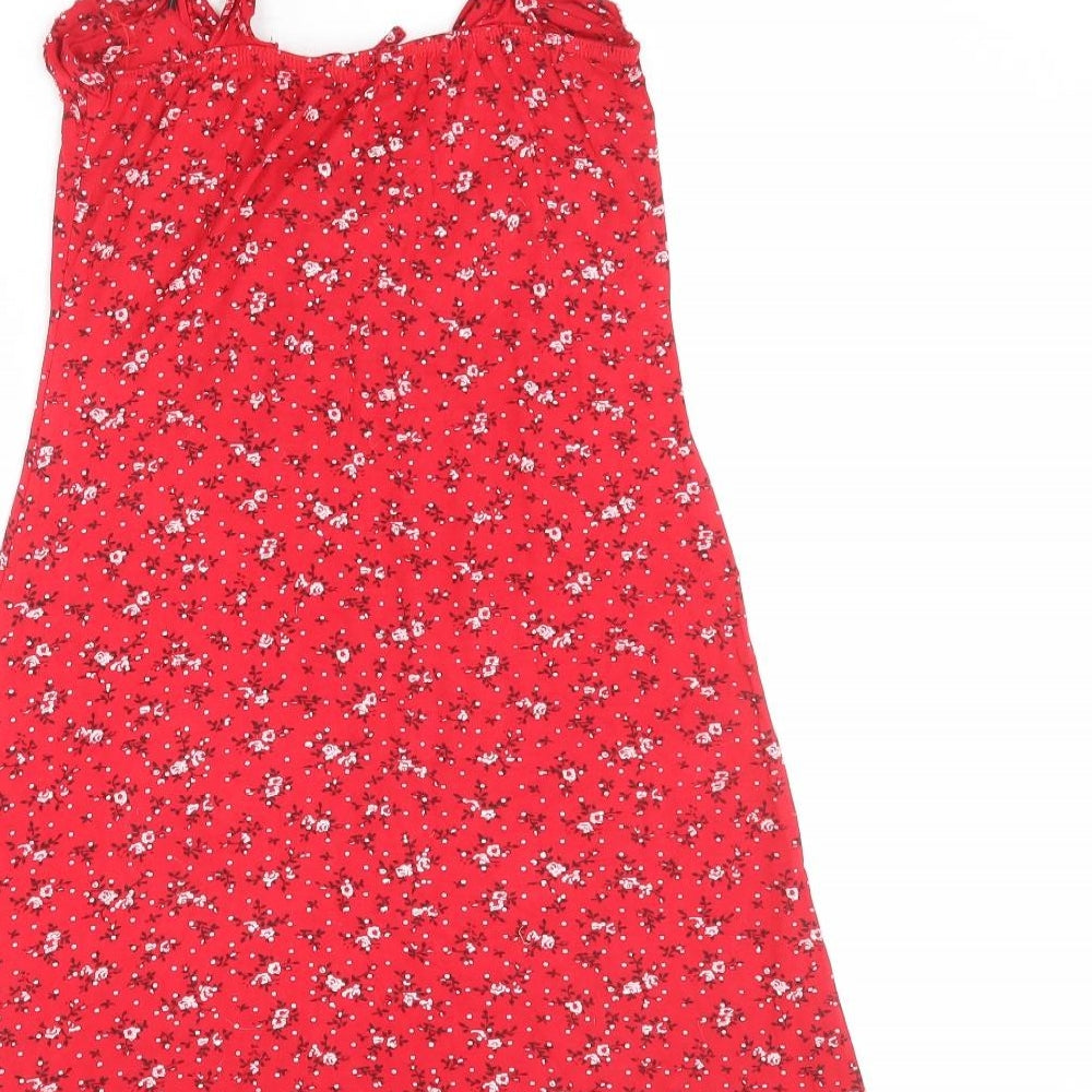 PRETTYLITTLETHING Womens Red Floral Viscose Tank Dress Size 10 Round Neck Pullover